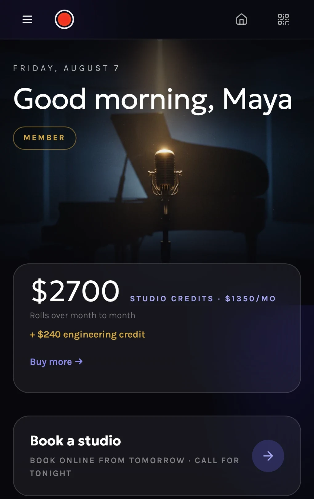 The Recording Club member app home screen on iPhone