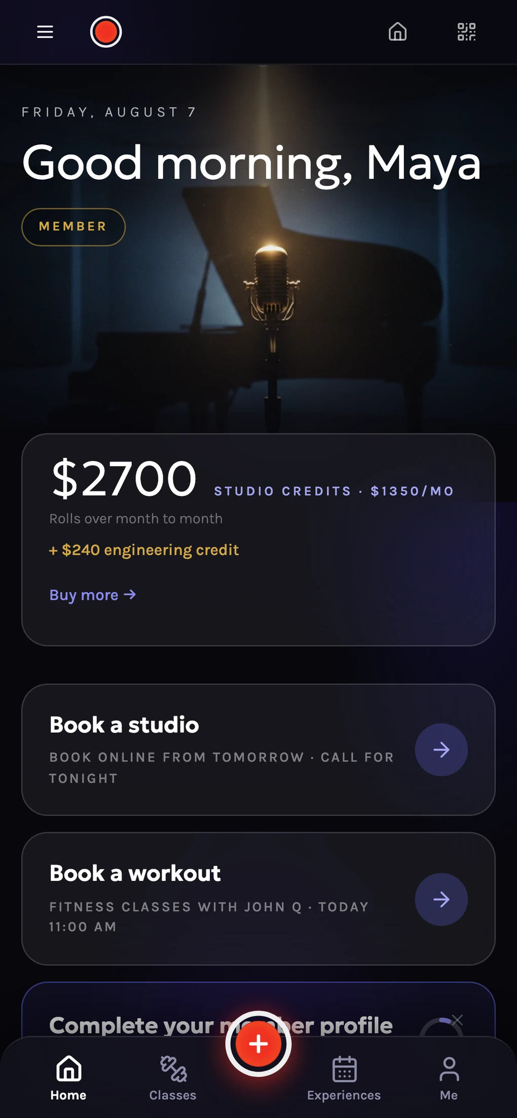 The Recording Club member app home screen on iPhone